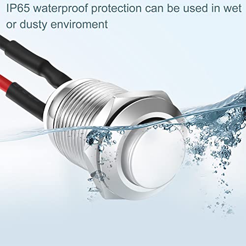 Gebildet 3 x Waterproof Push Button Locking Push Button Stainless Steel Button On Off 12 mm 2A/12V/24V/125V/250V with Wire (Protruding) 12mm Silver Protruding Head