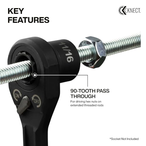KLEIN TOOLS 65408ADP KNECT (M) Pass Through Ratchet and 3/8-Inch Socket Adapter Set, 90-Tooth Wrench for Extended Threaded Rods, Compact and Comfortable Grip, Traditional Socket Compatibility (M) 3/8-Inch