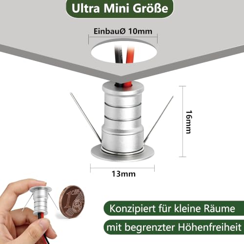 Set of 10 Mini LED Spotlights, 12 V, 0.5 W, Mini LED Recessed Spotlights, Ultra Small Installation Diameter 10 mm, Warm White 3000 K Ceiling Spotlights, IP65 LED Spotlights, Recessed Silver Warm White