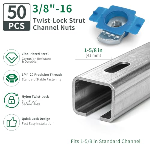3/8"-16 Twist-Lock Strut Channel Nuts for 1-5/8" Channels, 50 Pcs 3/8"-16