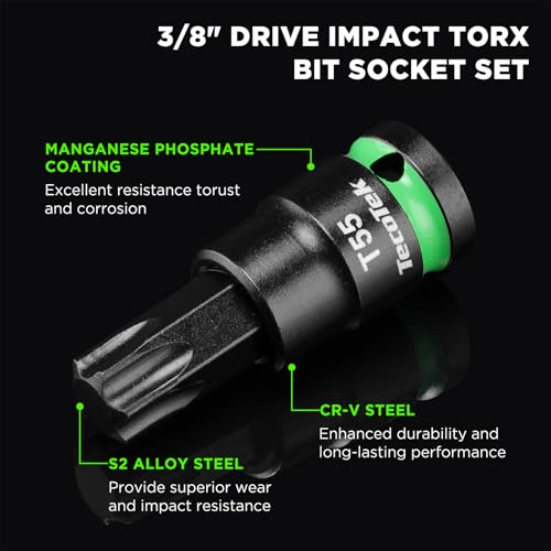 TecoTek 3/8" Drive Impact Torx Bit Socket Set, Extra Long Torx Socket, S2 Alloy Steel Star Bit Sockets, 24PCS Star Bit Set, T10-T60, 2in & 6in Long, CR-V & S2 Alloy Steel Set, Enhanced Storage Case