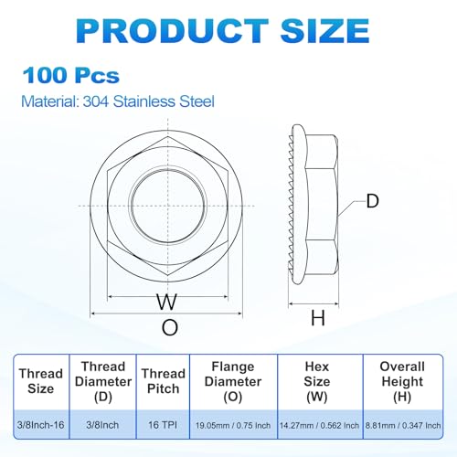 100Pcs Serrated Flange Hex Nuts-3/8-16-UNC 304 SS Bright Finish Silver 3/8"-16 100