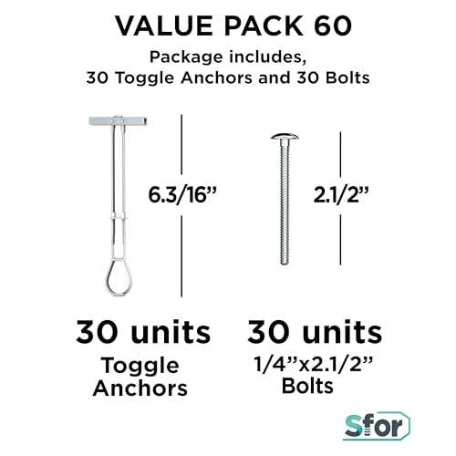 SFOR | 60 Pack 1/4" Toggle Bolt Anchor | Drywall Anchors, Drywall Screws, Wall Anchors and Screws for Drywall | Anchors with Phillips Self Tapping Screws | White, 30 anchors + 30 screws 30 Pack 1/4"