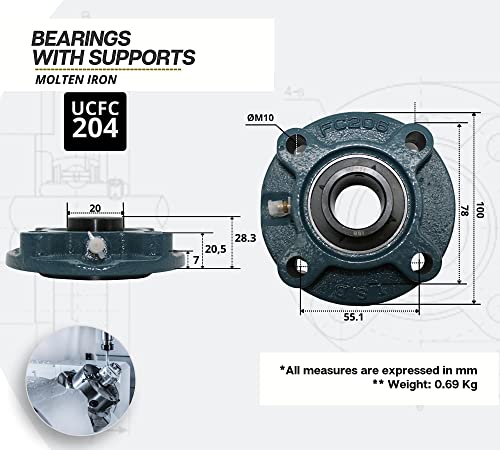 (Pack of 2) DOJA Industrial | 2 Units Bearing with UCFC 204 Ball Bearing for Axle (20mm Bearings with Brackets for: Milling Machine, 3D Printer, DIY