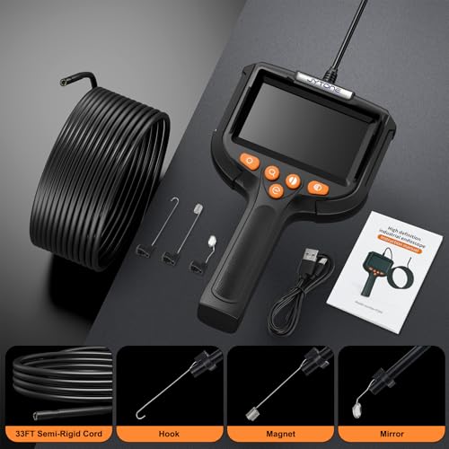 Endoscope Camera with Light, 5.5mm Waterproof Borescope with 4.3" HD Screen, 33ft Semi-Rigid Cable for Automotive, Plumbing, Pipe Inspection 4.3IN-33FT