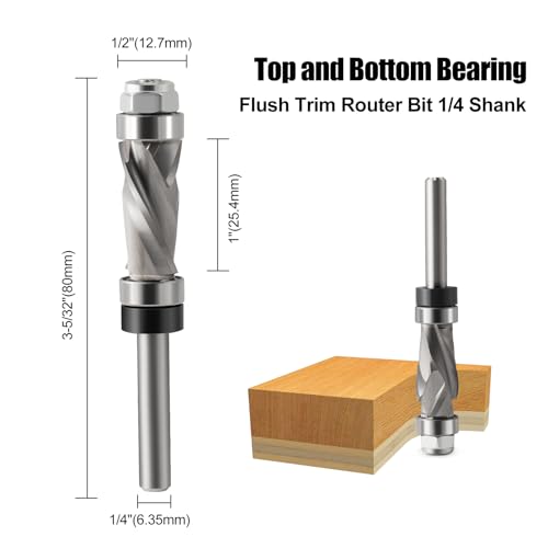 Compression Flush Trim Router Bit 1/4" Shank,1/2" Cutting Dia,Top and Bottom Bearing Carbide Spiral Up-Down Pattern Template Flush Cut Router Bit Woodworking Trimming Tool 1/4''x 1/2''x 1'' Uncoated