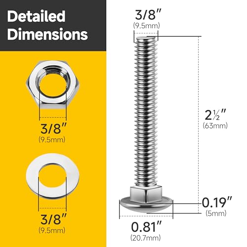 Mywish (10Sets) 3/8" x 3" Hex Head Lag Bolts & (6 Sets) 3/8-16 x 2-1/2 Carriage Bolts Screws Round Head Square Neck and Hex Nuts & Flat Washers, Full Threaded 304 Stainless Steel Bright Finish