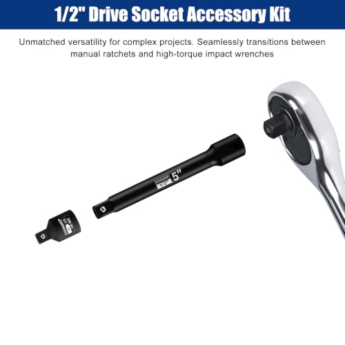 1/2" Drive Impact Socket Extension Set, 5-Piece Includes 5", 10", 15" Extension Bars, Universal Joint Socket and 1/2" to 3/8" Adapter, Black Phosphate Finish, Chrome Vanadium Steel 1/2" Drive - 5-Piece Extension Bar