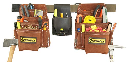 Graintex SS2975 20 Pocket Nail & Tool Pouch Set Brown Color Suede Leather with 2" Leather/Webbing Belt and Professional Measuring Tape Holder for Contractors, Electricians, Plumbers, Handymen