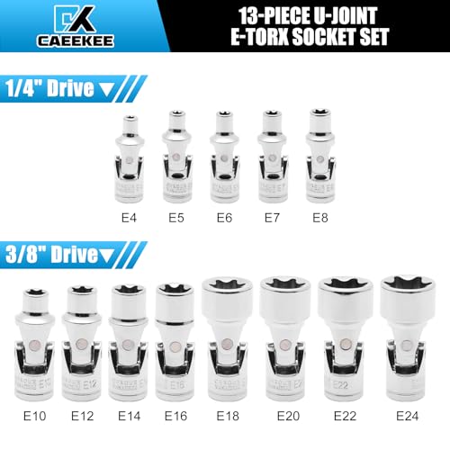 1/4" & 3/8" Drive Universal External Star Socket Set, 13-Piece Universal Joint External Torx Socket Set, CR-V, Storage Case