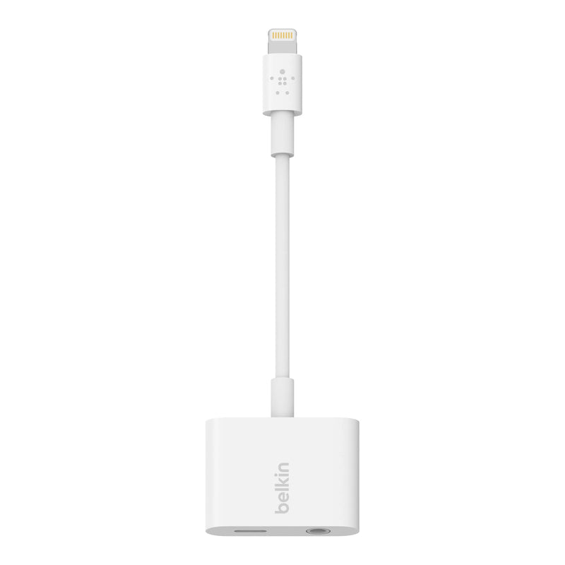 Belkin RockStar Lightning Audio Cable and Charger for iPhone 14, 13, 12, 11, 10 - White 3.5MM Audio + Lightning Charge