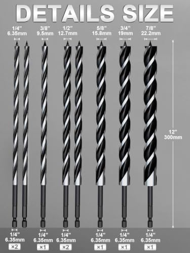8Pcs 12 Inch Long Auger Drill Bit Set for Wood, Tri-Flute Wood Drill Bit 8PCS-(1/4"-7/8")