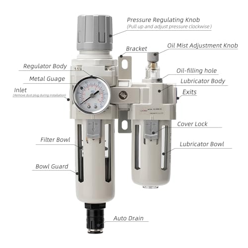 Air Pressure Regulator with Pressure Gauge(0-150PSI),Water Separator for Air Compressor Auto Drain 1/2 NPT Threaded Interface
