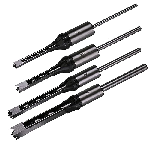 Square Hole Drill Bits for Wood,4pcs Woodworking Square Mortise Drill Bit, Mortise Chisel,1/4 Inch 5/16 Inch 3/8 Inch 1/2 Inch (All of Sizes) with Plastic Storage Case