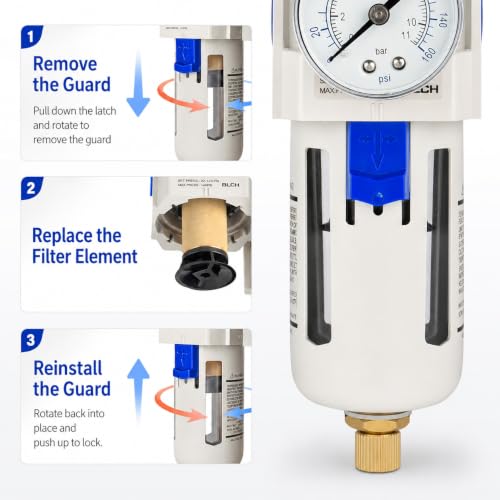 BLCH 1/2" NPT Air Compressor Filter - Air Pressure Regulator Filter Combo,Compressed Air Dryer AW4000-04 Semi-Auto Drain Poly Bowl Gauge 0-160 PSI 5μm