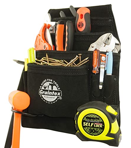 Graintex SS2780 10 Pocket Nail & Tool Pouch Black Color Suede Leather for Constructors, Electricians, Plumbers, Handymen