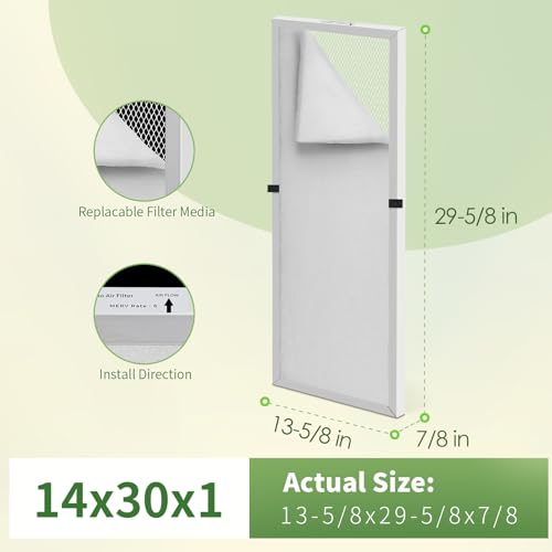 14x30x1 Reusable Air Filter MERV 8 Washable Furnace & AC Filter with 2 Extra Media Pads, Aluminum Electrostatic Air Filters for Home, Fits HVAC System, Air Conditioner, Air Handler 30" x 14" x 1"