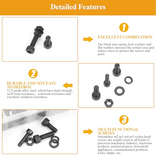 2180 Pieces Black M2 M3 M4 M5 Hex Socket Head Cap Screws Nuts Washers Assortment Kit, Metric Screw Assortment with Hex Wrenches, 12.9 Grade Alloy Steel, Fully Threaded M2/M3/M4/M5