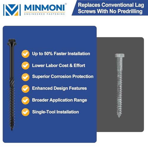 4 inch Hex Exterior Structural Wood Lag Screws (50 Pack), 1/4'' x 4'' Black Outdoor Lag Bolts, Heavy-Duty for Timber, Decks, Fences, Patios, and More, Bit Included - Multiple Size Options Available 4 Inch