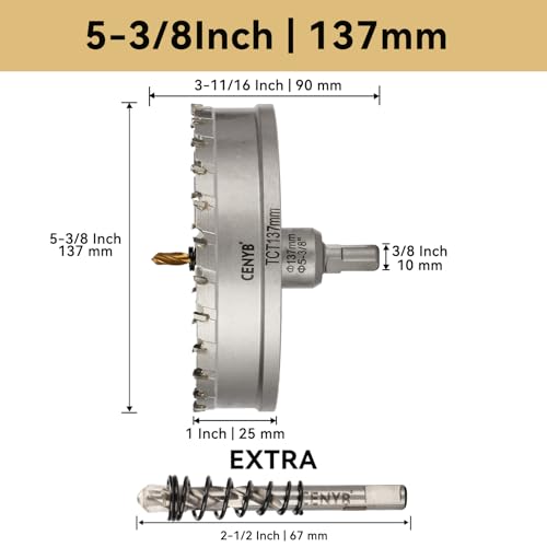 5-3/8" (137mm) Tungsten Carbide Tipped Hole Saw with 2Pcs Titanium-Plated Pilot Drill Bits for Hard Metal,Stainless Steel,Iron,Aluminum Alloy,Wood and Plastic 137mm | 5-3/8"