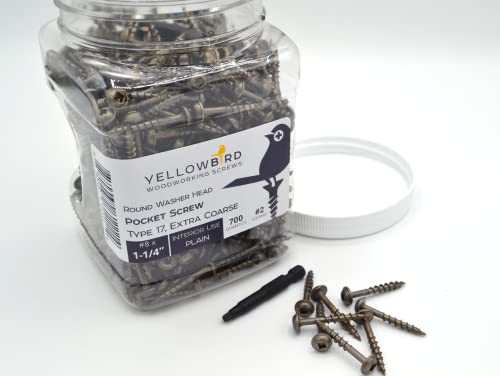 Yellowbird #8 x 1-1/4 Round Washer Head - Square Plain Lube - Extra Coarse Thread - Type 17 Pocket Screw - Bit Included - 700 Ct. 1-1/4"