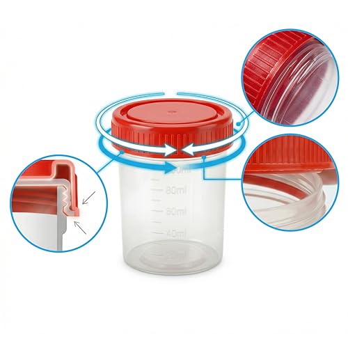 KMINA Urine Container 120 ml, Sample Container with Red Screw Cap, Graduated and with Matte Labelling Zone, Hygienic | Graduated every 20 ml to 100 ml, Matte labelling zone 33 x 50 mm with fields for name and date, Leakproof and hygienic 8u