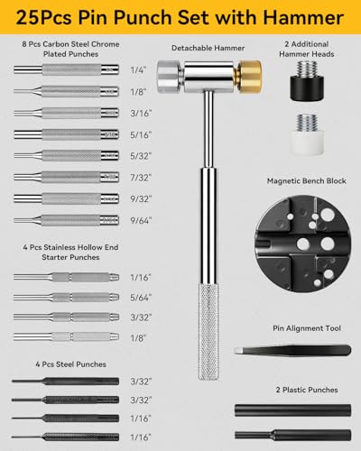 25-Piece Punch Set, Pin Punches, Roll Pin Punch, Tool with Hammer, Metal Material Including Punches and Hammer, Mechanical Repair Tool with Organizer Storage Box (with Bench Block)
