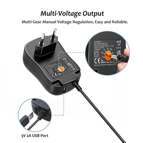 Zolt 30W Universal Power Supply AC DC 3V 4.5V 5V 6V 7.5V 9V 12V 2A Power Supply, Multi-Voltage Adapter with 5V 2A USB Port and 10 DC Plugs for Household Electronics, 2000mA Max. small