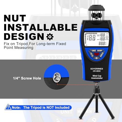 Digital Anemometer Wind Gauge, GR-8806 Handheld Wind Gauge, Anemometer Measures Wind Speed and Temperature, LCD Screen Data Storage, Supports Tripod Screws GR-8806-Blue