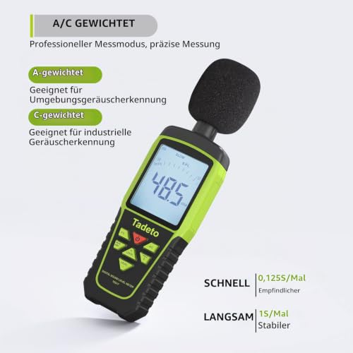 Decibel Meter, Tadeto Sound Level Meter Portable dB Meter 30dB to 130dB (5 Measuring Range) Backlight LCD Display, MAX/MIN, Acoustic and Visual Alarms, Data Hold, A/C Weighted Green