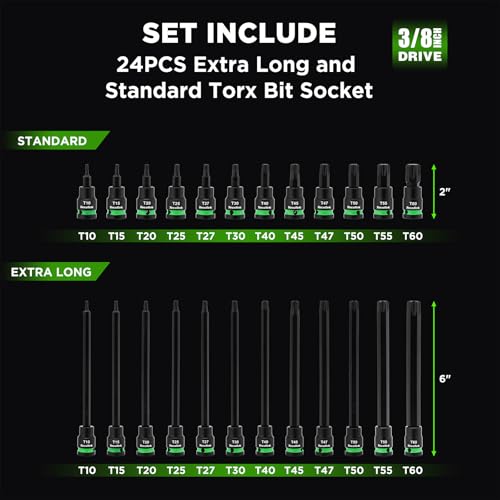 TecoTek 3/8" Drive Impact Torx Bit Socket Set, Extra Long Torx Socket, S2 Alloy Steel Star Bit Sockets, 24PCS Star Bit Set, T10-T60, 2in & 6in Long, CR-V & S2 Alloy Steel Set, Enhanced Storage Case