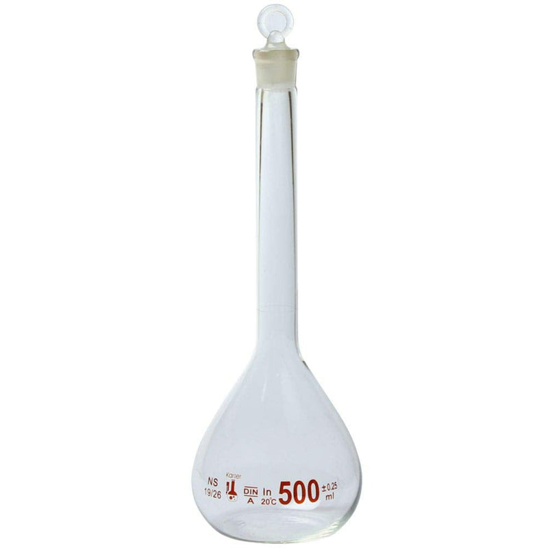 500ml Volumetric Flask, 3.3 Boro Glass, Class A, Ground Stopper, Karter Scientific 213W7 (Pack of 2) 500ml Pack of 2