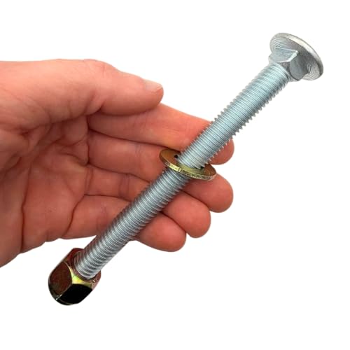 1/2"-13 x 5-1/2" Grade 8 Carriage Bolts (4-Pack) – Heavy-Duty Coarse Thread Bolts with Washers and Nylon Lock Nuts – Round Head Square Neck SAE J429 5.50" Clear Zinc Trivalent Finish Bolts, Washers, Nuts 4
