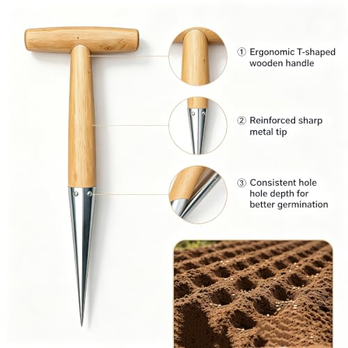 6PCS Bulb Planter and Dibber Tool Set, Transplanter with Depth Markers and Automatic Soil Release, Wood Handle Seed Planter Dibber for Planting Flowers, Tulips, Daffodils, Vegetables