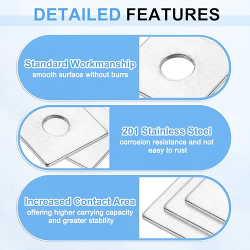 uxcell 20Pcs 1-3/16" Square Plate Washer for 1/4" Bolt, 201 Stainless Steel Bearing Plate Flat Washers Spacer Gasket for Machinery Repair, Outdoor Construction (0.08" Thick) 1-3/16" x 1/4" x 0.08" 20