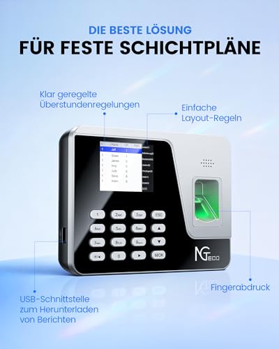 NGTeco Time Attendance Device for Employees (Fingerprint + PIN), Standalone Clock No WiFi/Software/Monthly Costs, German Silver