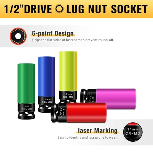 BOEN 1/2" Drive Wheel Protector Impact Socket, Non-Marring Lug Nut Thin Wall Deep Socket Set, CR-MO, 6 Point, Color-Coded Protective Socket | Metric 17 19 21 mm | SAE 13/16 7/8 inch (5 PCS) 5-Piece Metric/SAE