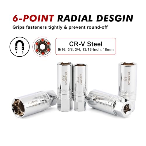 CASOMAN 10PCS 3/8"Drive Magnetic Spark Plug Socket Set, 6PT&12PT, Include Extension Bar, Universal Joint & Spark Plug Gapper, CR-V Steel 10-Piece Set with Accessory