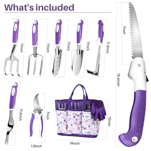 MelonArt Garden Tool Set, 10 Pcs Heavy Duty Gardening Tool Kit Women Garden Gift Set Aluminum with Non Slip Ergonomic Handle, Storage Tote Bag and Gloves, Garden Supplier for Women&Men(Purple)
