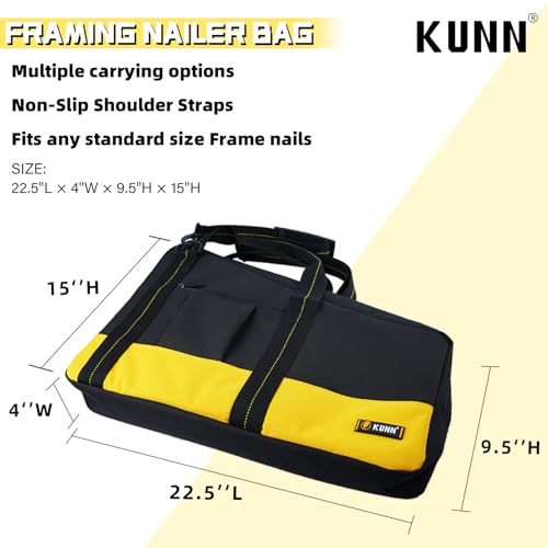 KUNN Shoulder Framing Nailer Bag with Dual Lockable Zipper,Extra pockets for Hitachi NR83A,NuMax SFR2190 Yellow