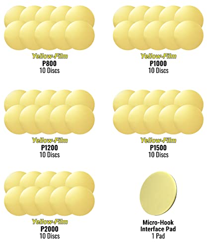 Eagle Abrasives Yellow-Film 6 inch Topcoat Finishing Discs, SP77886, P800 - P2000, No Holes, 50 Discs + Interface Pad 6" w/ No Holes Starter Kit