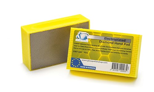 Glass Polish (Grit 400) Pack of 2 PRO Diamond Hand Pad Sanding Block for Smoothing, Edging and Polishing - 3.74” x 2.16” (95x 55mm) - GP15101
