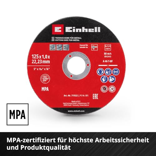 Einhell 5-Piece Thin Cutting Discs for Metal, Diameter 125 x 1 mm | Low-burr cuts, long service life, MPA certified, straight design, for angle grinders 125 x 1.0 mm 5 pieces.