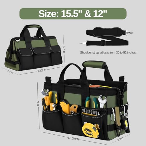 Heavy Duty Tool Bag, Canvas Utility Organizer with Shoulder Strap, Waterproof Electrician Mechanic Gardening Pouch, Wide-Mouth Zipper Storage Tote, Portable Handyman Tool Bag (12 inch) 12 inch