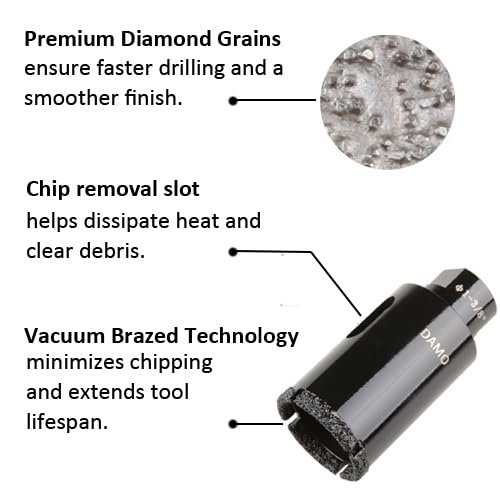 DAMO 2-1/2 inch Diamond Core Drill Bit for Porcelain, Ceramic, Tile, Quartzite, Granite, Marble, Stone & Brick, Hole Saw 64mm 64mm 2-1/2"