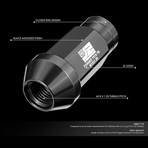 J2 Engineering J2-LN-T7-037-125-BK M12 x 1.25 T6-7075 Aluminum 50mm Closed End Lug Nuts w/Deep Drive Extension Adapter,Black, 24mm x 50mm