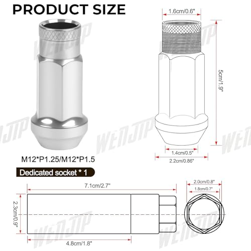 20pcs Silver Cold Forged Steel 12mm*1.5 Lug Nuts Extended Tuner Wheel Nuts Modified Nuts Open End Compatible with Various Types of Vehicles 12x1.5 20