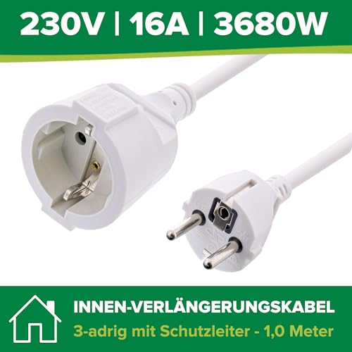 Inline Protective Contact Extension Cable CEE 7/7 Male / Female 1 m White | For indoor use, GS certified with child protection, 230V, H05VV-F3G1.5, 16400W 1m