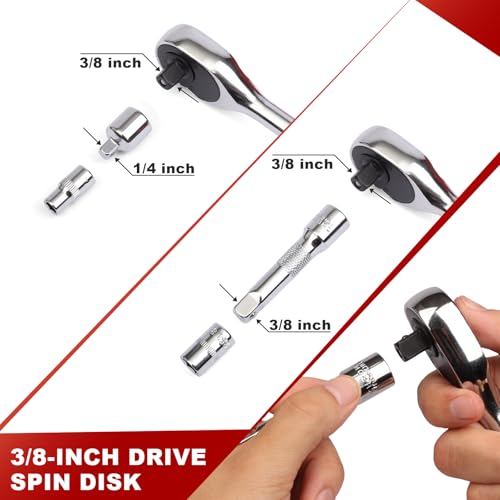 Egofine 34 Pieces 3/8 inch Drive Socket Ratchet Wrench Set, with Socket Set Metric/SAE and Extension Bar for Auto Repairing and Household, with Storage Case Red 3/8" 34 PCS