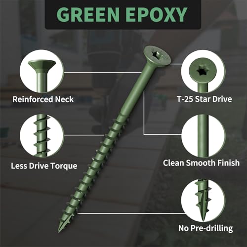Wood Screws #10 x 3 310PCS #10 x 5 105PCS, FIXLINK Deck Screws, Epoxy Coated, T25 Star Bit Above 1500 Hour Salt Spray Coating Outdoor Decking Screws Excellent Rust Resistant for Wood Fence, Green